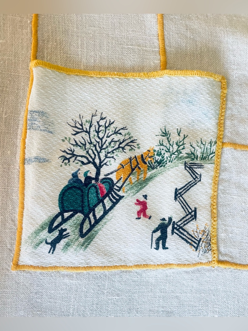 RARE Grandma Moses Barkcloth Card Table Cloth Cover w 4 Pockets 38x38